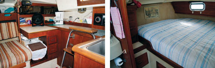The navigation station, at left, is essentially a small hinged countertop with storage underneath. The defining feature of the O’Day 37 is its aft cabin, at right. It has its own entrance from the cockpit and contains an athwartships double berth and a private head compartment.