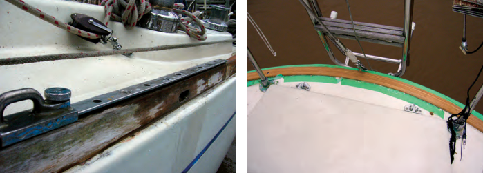 When E-J and his partners bought the boat, her woodwork had been rather neglected, at left. Restoring it was one of the first tasks they took on, and the taffrail, at right, came back nicely after some heavy sanding.