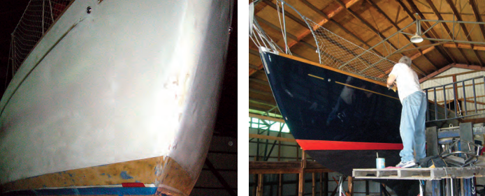 Nobody liked the “blah” off-white hull color so, over their first winter with the boat, E-J and Tim stripped the bootstripe and spent 80 hours sanding the hull, at left. The deep blue and the red bootstripe certainly banished the blahs, at right.