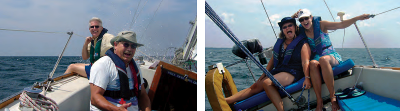 The original plan was to buy a sailboat to see if it would be fun. E-J, in the cockpit, at left, knew it would be but Tim had not sailed before. Their wives, at right, Doris Ohler (left) and Mary Hafner (right), apparently take having fun very seriously.