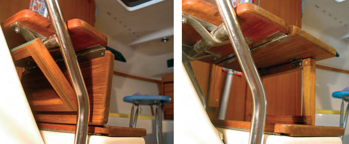 When the extension is stowed away, at left, the support leg tucks away diagonally under the companionway step. The fore-and-aft dimension of the extension fits exactly between the companionway treads. In this view of the extension deployed, at right, the simple lap joints in the support leg are clearly visible.