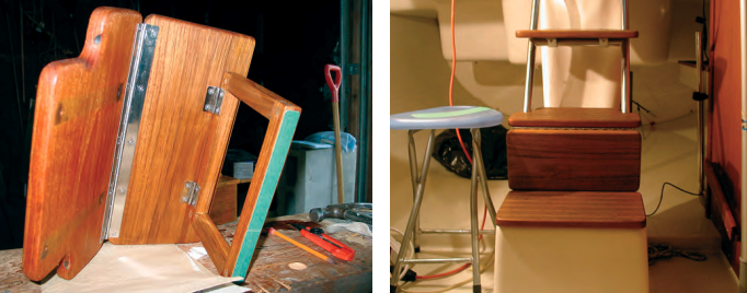 On the workbench, at left, the step/seat’s construction is apparent. It’s attached to the original step with a piano hinge. The support leg is a simple rectangle of 1-inch teak stock. The folding stool shows that the step is at standard seat height, at right.