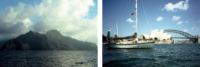 After crossing 3,000 miles of open Pacific Ocean, Apogee made landfall at Ua Huka Island in the Marquesas, at left. George and Janet await the fireworks display while anchored in the harbor at Sydney, Australia, at right. Behind Apogee is the Sydney Opera House.