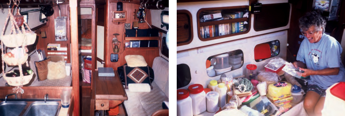 Apogee’s saloon, at left, as it looked before before George and Janet left on their cruise. Janet stows the provisions aboard Apogee a few days before she and George set sail on their 17-year circumnavigation, at right.