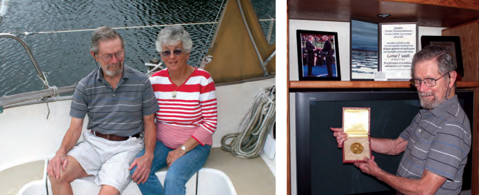 George and Janet in the cockpit of Apogee, at left, at the dock next to their home on a waterway off Barnegat Bay, New Jersey. George displays his Nobel Prize medal, at right. On the shelf behind him is the award and a photo of George in white tie and tails accepting the medal from the King of Sweden. George notes that the king is “a nice guy and frustrated sailor . . . the queen dislikes being on the water.”