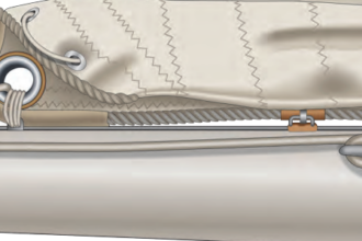 The simplest outhaul, on facing page, is a line led from the clew of the sail around a cheek block on the end of the boom and to a cleat (or a cam cleat) farther forward on the boom.