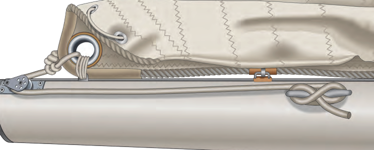 The simplest outhaul, on facing page, is a line led from the clew of the sail around a cheek block on the end of the boom and to a cleat (or a cam cleat) farther forward on the boom.