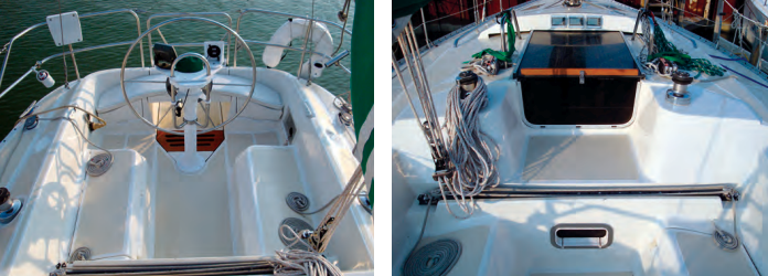 The T-shaped cockpit allows easy access around the helm, at left, and the coamings give decent back support. Great care went into the deck tooling here, too, to create the sculpted seating surfaces. The bridge deck, at right, provides stooping headroom in the aft cabin.