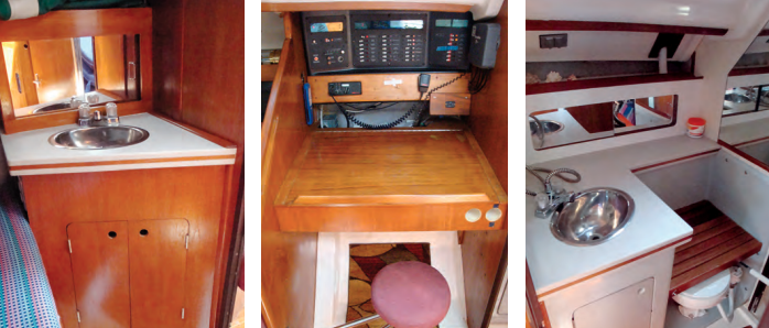 A nice touch is the vanity in the forward cabin, at left. The compact nav station, center, has a small chart table with lifting top, swing-out seat, and electrical panel but not much space for electronics. In the head compartment, at right, the seat over the toilet is for changing and showering.