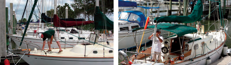 Darryl Eberly, at left, the son of Richard’s girlfriend, Lenora Dimone, has been helping Richard with the work on Finesse. Richard has replaced or restored the woodwork on deck and in the cockpit, at right, and upgraded the winches so he can sail singlehanded.
