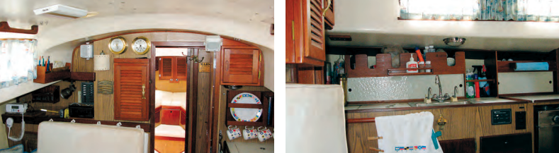 When Richard acquired Finesse she had been neglected, and one of his projects was to restore the yellowed overhead to its original gleaming white, at left. In the galley, at right, he replaced the countertops and installed a new cookstove and refrigeration.