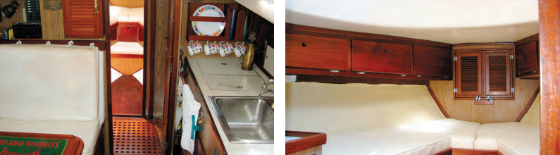 The Alberg 35 was offered with a choice between two arrangements. Finesse has the “California” galley and dinette, at left. Another of Richard’s projects was to install real storage lockers in the V-berth cabin, at right . . . not to mention renew the upholstery.