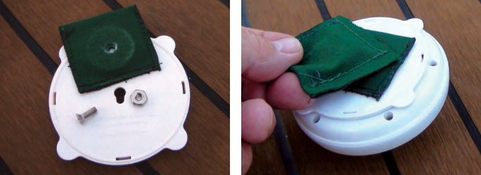 Stephen sewed washers into Sunbrella sleeves and bolted them to the spotlight bases, at left. Magnets sewn into similar sleeves, at right, and placed on the outside of the canvas hold the lights on the inside of the Bimini or dodger.