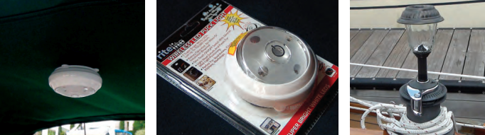 The magnetically held spotlights, above, can be placed anywhere on the dodger or Bimini, at left. The garden lights fit neatly in the cockpit winches, at right.
