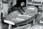 Pencil drawing of someone building a boat