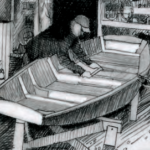 Pencil drawing of someone building a boat