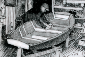 Pencil drawing of someone building a boat