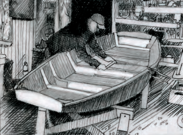 Pencil drawing of someone building a boat