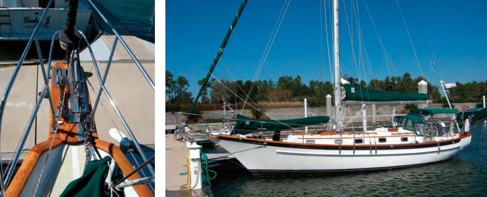 With one anchor roller at the end of the 3-foot bowsprit, at left, and the other about a foot behind, the anchors’ flukes do not interfere with each other. The clipper bow, just-right sheer, and low coachroof combine perfectly to make the Cabo Rico 38 a sailboat of exceptional beauty, at right.