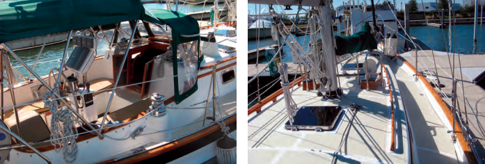 The cockpit, at left, is smallish as is appropriate for an offshore yacht. Seating is nonetheless comfortable for as many as seven. High bulwarks, wide sidedecks, a moderately crowned cabintop, and well-placed handrails make it easy and safe to move around the deck, at right.