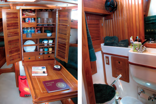 A cabinet that provides handy storage for tableware, at left, is hidden when the dining table is folded up against the bulkhead. The table itself is hinged lengthwise along the middle. The head, at right, is small, but adequate. Storage spaces are provided in the molded fiberglass lavatory and in a locker on the hull side of the compartment.