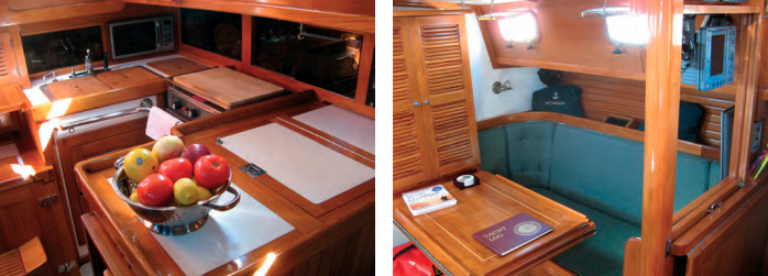 the compact u-shaped galley is on the port side, at left. It has a double sink, a two-burner propane stove with oven, a microwave, and an 8-cubic-foot refrigerator, at left. The L-shaped settee on the starboard side, at right, converts to a double berth that is a little on the short and narrow side.