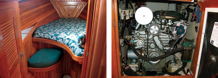 The forward cabin has an offset double berth, at left, which probably limits its use to one person or a couple who don’t mind close quarters. Note the Cabo Rico signature vertical staving below the berth and the horizontal ceiling outboard. access to the universal diesel, at right, is behind the companionway ladder and through a removable panel in the port cockpit locker.