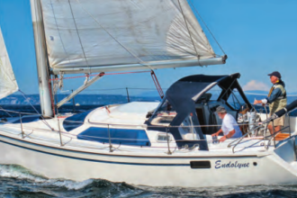 Showing off her rakish lines, Endolyne, above, a Hunter Vision 32 owned by Jeff Carey, stands up to a 20-knot breeze.