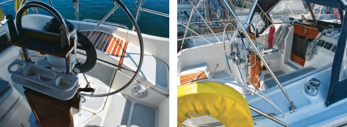 The arched helm seat, at left, provides support for the helmsman when the boat is heeled and lifts up to provide access to the transom-mounted swim ladder. The T-shaped cockpit allows easy movement around the steering wheel, at right, but the seats are too short to lie down on.