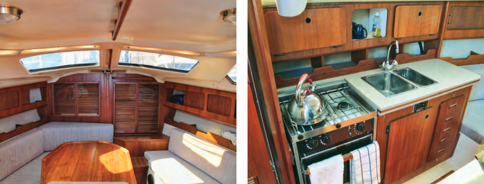 Endolyne’s owner, Jeff Carey, modified the wraparound settee to provide easier entry into and out of the forward V-berth, at left. For privacy, he also fitted louvered panels into the openings in the main bulkhead. In the galley, at right, a decent volume of storage space is accessible in compartments above and below the two-burner gas stove, double sinks, and Corian countertops.