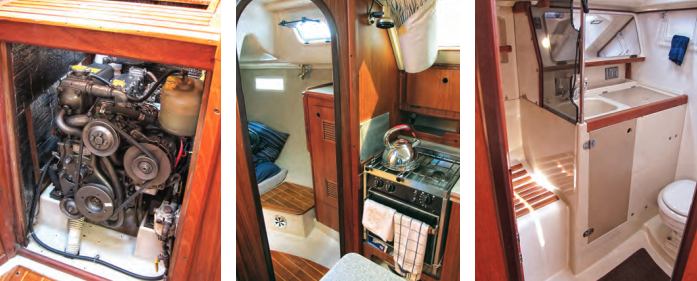 The Yanmar engine, at left, is accessed through a removable panel behind the companionway ladder and an overhead hatch. Other points of access are in the head and in the aft cabin. A door aft of the galley opens to the private sleeping cabin, center. The berth lies across the boat under the cockpit. In the head, at right, the mirror behind the vanity, slanted to provide stoop-free viewing, is one of many stylish details.
