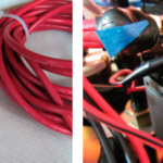 For repair parts, all harry needed was an appropriate length of electrical cable, terminals, and cable ties, at left. on the back of the yanmar engine panel, at right, the key-switch terminals for the starter are the ones marked with blue tape.