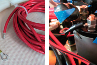 For repair parts, all harry needed was an appropriate length of electrical cable, terminals, and cable ties, at left. on the back of the yanmar engine panel, at right, the key-switch terminals for the starter are the ones marked with blue tape.
