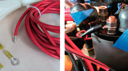 For repair parts, all harry needed was an appropriate length of electrical cable, terminals, and cable ties, at left. on the back of the yanmar engine panel, at right, the key-switch terminals for the starter are the ones marked with blue tape.