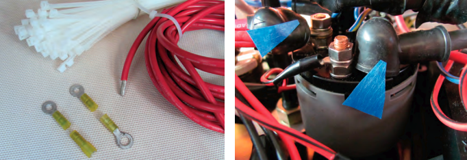 For repair parts, all harry needed was an appropriate length of electrical cable, terminals, and cable ties, at left. on the back of the yanmar engine panel, at right, the key-switch terminals for the starter are the ones marked with blue tape.