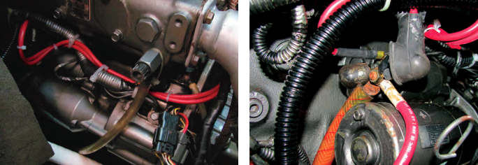 Harry ran the new wires from the key switch to the starter solenoid alongside the wiring harness and secured them to it with cable ties, at left. The starter solenoid sits atop the starter, above right. The new wires are the solid red pair at the upper right.