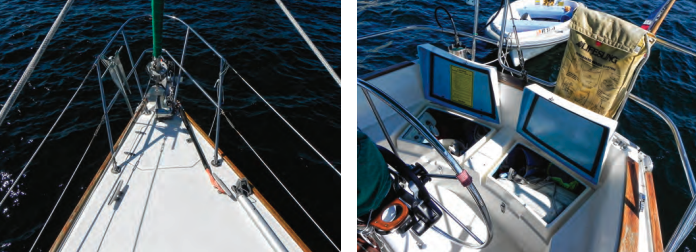 The foredeck is relatively clean, at left, with twin cleats for docklines and ground tackle, a bow roller for the plow anchor, and a small anchor locker. Fred installed the windlass, just forward of the locker. The twin lazarette hatches provide storage space for deck gear such as fenders and docklines, at right. The engine control panel is under the starboard hatch.