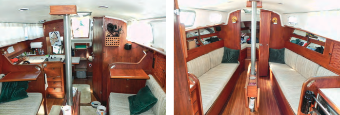 The head is aft of the saloon, on the port side, at left. Two countertops hinged on bulkheads provide extra counter space for the galley, which lacks it. The saloon has classic symmetry, at right, and passage is relatively easy on either side of the centerline drop-leaf table. The numerous storage bins, compartments, and drawers are a mark of a boat of above-average quality.