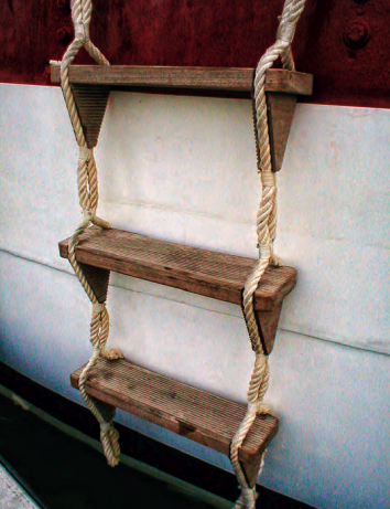 Sigfrid’s boarding ladder looks salty, is easy to climb, and its rope risers don’t clunk on the hull or abrade the paint.