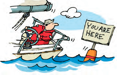 Illustration of someone in a boat with a sign saying "You are here"