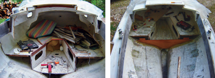 By the time Kegan had removed all the decayed wooden parts, the boat was looking rather bare, at left. At last reconstruction began, with the base for the main bulkhead, at right.