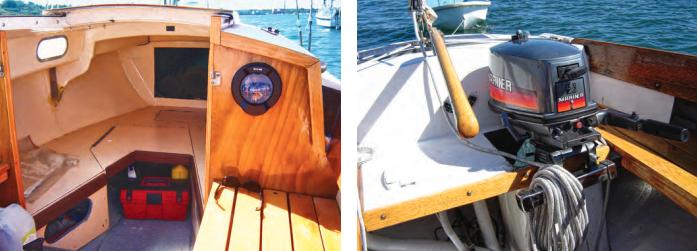 Kegan spent an entire summer working on the boat and launched her the following spring, by which time she was gleaming, at left. The venerable Mariner outboard, at right, was a gift — Kegan just had to get it working. All it needed was gas and a water-pump impeller.