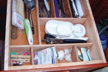 Drawer contents can quickly get shuffled on a moving boat but custom organizers keep everything in place.