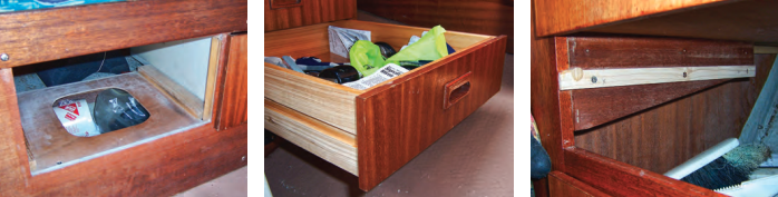 Using a pattern, Tony cut openings to gain access to the dead space under the drawers in the saloon, at left. In the galley and nav areas, he built new drawers, re-using the original faces, center. He made a stop for the galley drawer with a piece of dowel glued into the runner, at right.