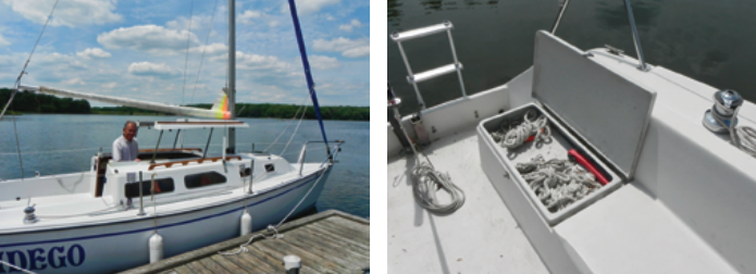 The pop-top over the companionway, at left, allows standing headroom belowdecks. A shallow locker on the port side of the cockpit holds lines and winch handles, at right, while the deeper locker to starboard will accommodate a portable fuel tank.