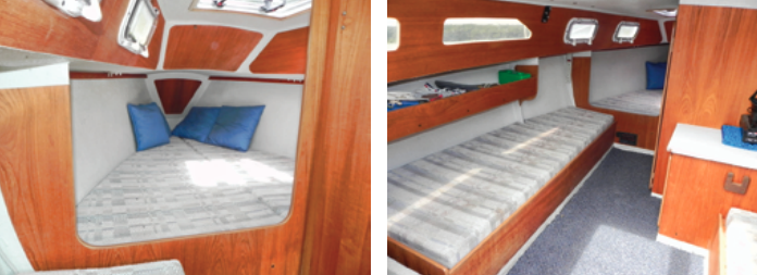 Despite the 2023’s short length, the V-berth is a generous 82 inches long x 72 inches wide, at left. Interior joinery is built with teak-veneer plywood, nicely oiled for an attractive appearance. The number of opening portlights varied by boat, at right.