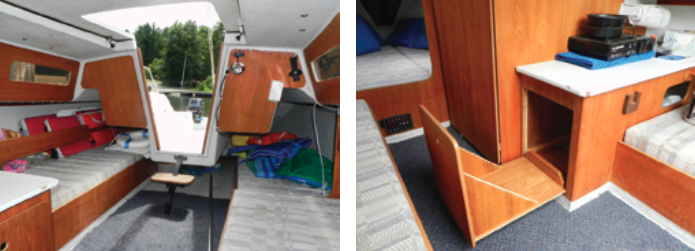 The companionway opening is quite large and, with the low step down, allows easy passage between the cabin and the cockpit, at left. A sliding drawer under the galley counter is designed to hold a small portable ice chest, at right.