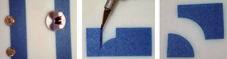 Stephen used a towel hanger, a nickel, and a dime, at left, and cut around them, center, to make inside and outside radiuses out of masking tape, at right.