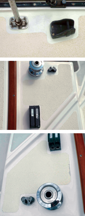 The painted border extends up the vertical side of the toerail where the step between gelcoat and paint is easily hidden at the top inside corner, top. Differences between original gelcoat and painted areas are almost indistinguishable, center. When the masking tape is left on a little too long, it tends to pull up the KiwiGrip, bottom. It’s best to remove the tape while the coating is still wet.