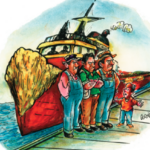 An illustration of some old skippers turning their backs on a tug boat